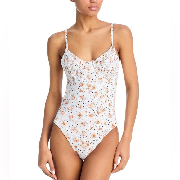 AQUA Smocked Underwire One Piece Floral & Polka Dot Print Swimsuit NWT M